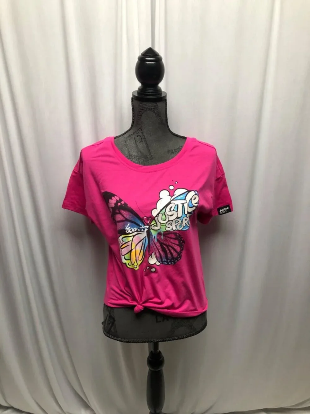 Justice Pink Butterfly Graphic T-Shirt Girls Size Large 12-14 Knotted Front